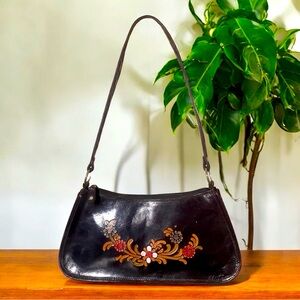 Small Vintage Brown Genuine Leather Purse with Floral Detail